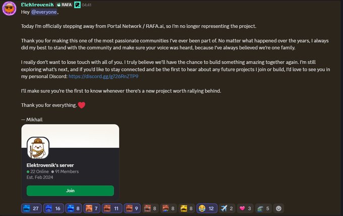 A Discord message from user 'Elektrorenik' of the RAFA server announcing that he is officially stepping away from Portal Network / RAFA, with a link to his personal Discord.