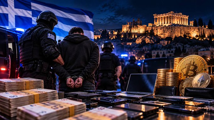The image depicts an arrested suspect in handcuffs being escorted by Greek police, with stacks of cash, smartphones, and cryptocurrency coins (Bitcoin and Ethereum) in the foreground, and the illuminated Acropolis of Athens visible in the background alongside the Greek flag—visually reinforcing the news of the $8M crypto investment fraud bust involving 17 arrests in Greece.