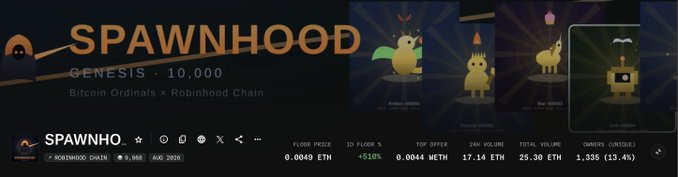 The image shows a screenshot of a NFT marketplace listing for "SPAWN" with a current top bid of 0.0044 ETH (≈$17.14) and a price of 25.30 ETH, with 1,335 owners representing 13.4% of the supply. The "5x profit since post EVM2Ord" caption suggests the seller acquired the NFT at a much lower price, now listing it at a 5x markup to capitalize on the EVM2Ord (Ethereum Virtual Machine to Ordinals) trend highlighted in the listing.