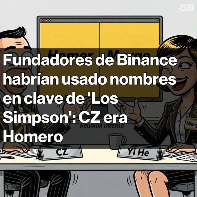A cartoon illustration depicts characters labeled 'CZ' and 'Yi He' at a desk with nameplates for 'Homer M.' and 'Margaret,' overlaid with Spanish text suggesting Binance founders used Simpson-themed code names.