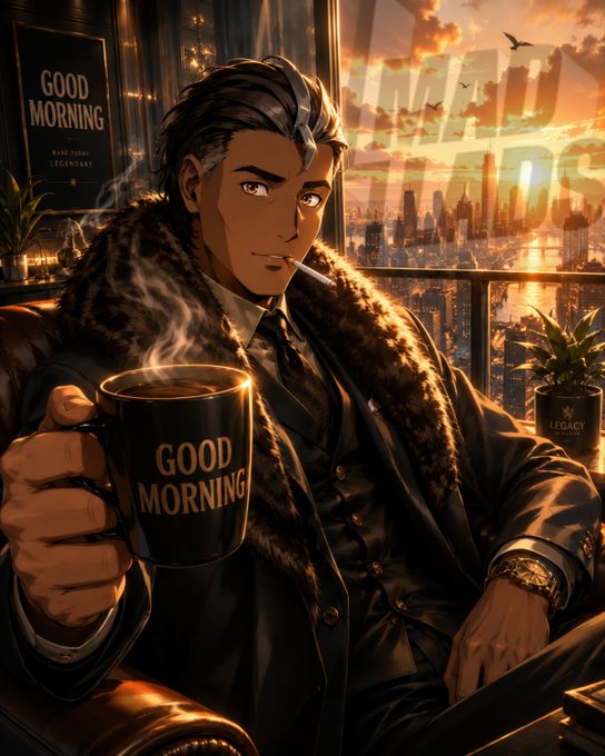An anime-style illustration of a stylish man in a fur-collared coat smoking a cigarette and holding a 'GOOD MORNING' mug, with a city skyline at sunset behind him and a 'GOOD MORNING Make Today LEGENDARY' sign on the wall.