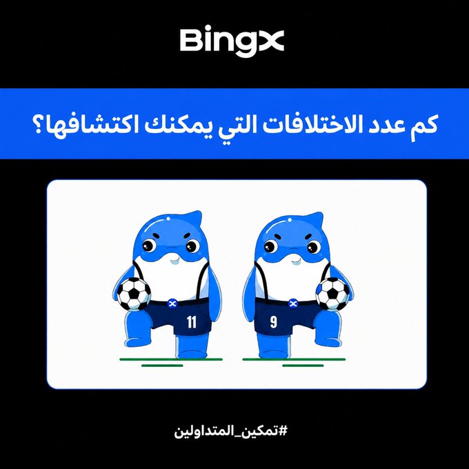 This poster shows two identical cartoon dolphins with soccer balls, but with slight differences in their shorts and numbers (11 and 9), prompting viewers to find the differences to engage with the BingX promotion. The goal is to promote registration on bingx.com/partner/MENAre for a chance to win 150 USDT.