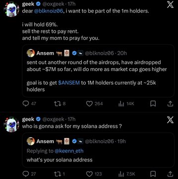 The image shows two tweets from @oxgeek, the first displaying Ansem's announcement of airdropping to top $ANSEM holders (with 7M distributed toward a goal of 1M holders at ~25K currently), and the second showing Ansem responding to @keenn_eth asking for a Solana address.

The tweets capture the author's experience of publicly soliciting Ansem for an airdrop, aligning with the post's mention of "publicly humiliating" themselves to get the drop, while the second tweet suggests Ansem did notice and engage with the author after the post.