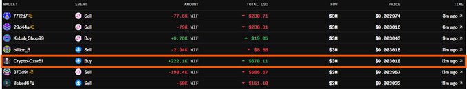A cryptocurrency trading interface displays a wallet activity list showing transactions for WIF token including sells by 'TTDdf' (-77.69 WIF, -$339.71) and 'Crypto-Craa61' (-222.16 WIF, -$979.11), among others.