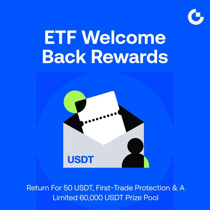 The image features a blue background with white text that reads "ETF Welcome Back Rewards" followed by a list of benefits for users who participate in the ETF rewards program. The benefits include a 50% return on investment (ROI) when trading USDT, first-trade protection and a limited-time prize pool worth $60,000.