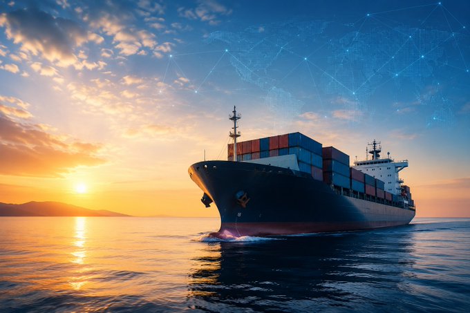 A large container ship sails on the ocean at sunset with a digital world map overlay of connected nodes in the sky, symbolizing global trade and connectivity.