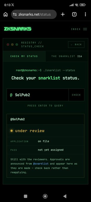 A mobile screenshot of zksnarks.net/status page showing a Snarklist status check for user @So1Pub2, indicating the application is 'under review' with no pass assigned yet.