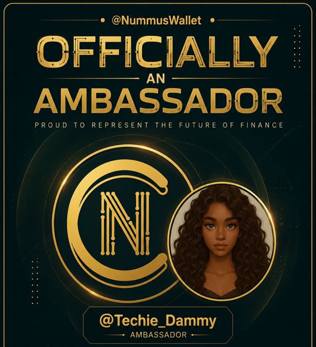 A digital promotional graphic with gold and black design announcing an ambassadorship for @NummusWallet, featuring a stylized illustrated portrait of a woman with curly hair and the handle @Techie_Dammy at the bottom.