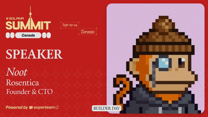 A promotional banner for the 'SOLANA SUMMIT Canada' on Sept 23-24 in Toronto lists speaker 'Noot Rosentica, Founder & CTO' alongside pixel art of a monkey character wearing a beanie.