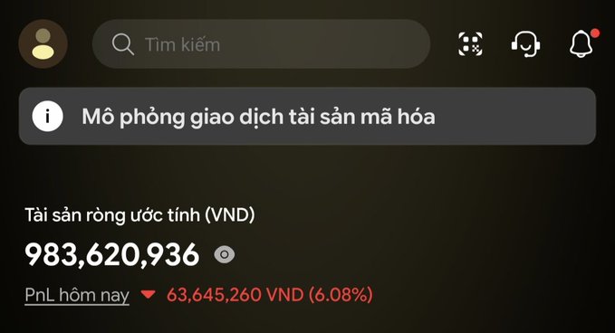 A dark-themed Vietnamese cryptocurrency portfolio interface showing 'Mở phòng giao dịch tài sản mã hóa' and 'Tài sản ròng ước tính (VND) 983,620,936' with a daily loss of '63,645,260 VNĐ (6.08%)'.