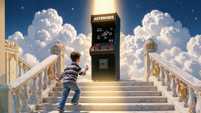 A child stands on marble stairs looking at an arcade machine labeled "ASTEROIDS" floating in the clouds against a starry sky.