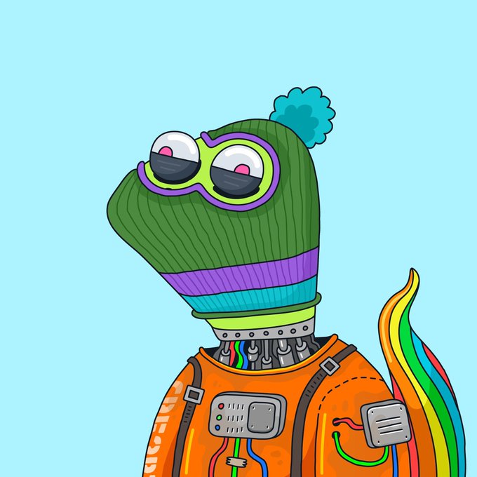 A colorful cartoon illustration depicts a robotic character with a green knit hat, oversized goggles, and a rainbow-striped scarf, wearing an orange jacket adorned with wires and patches.