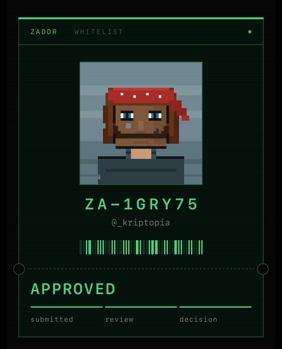 A digital whitelist approval card displays 'ZADDR WHITELIST' with a pixel art character, the code 'ZA-1GRY75', and '@_kriptopia', marked as 'APPROVED'.