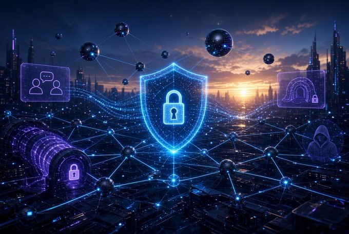 A glowing blue shield and padlock icon hovers over a futuristic network of connected nodes and spheres, symbolizing Beldex's privacy-focused blockchain and Proof-of-Stake masternode infrastructure. The image visually reinforces the post's message of Beldex ($BDX) as a leading privacy coin that embeds security at its core.