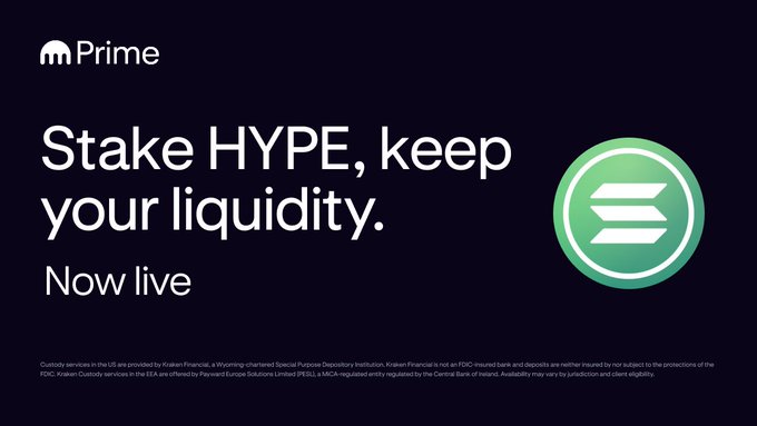 A promotional graphic with the Kraken logo reading 'Stake HYPE, keep your liquidity. Now live' featuring a green circular logo.