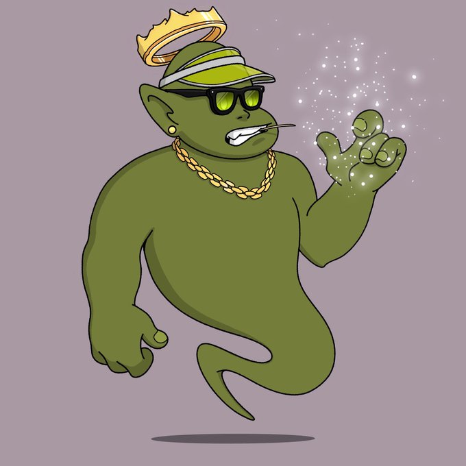 A cartoon illustration of a green goblin-like character wearing a gold crown, sunglasses, gold chain, and visor, floating with sparkles coming from its hand against a purple background.
