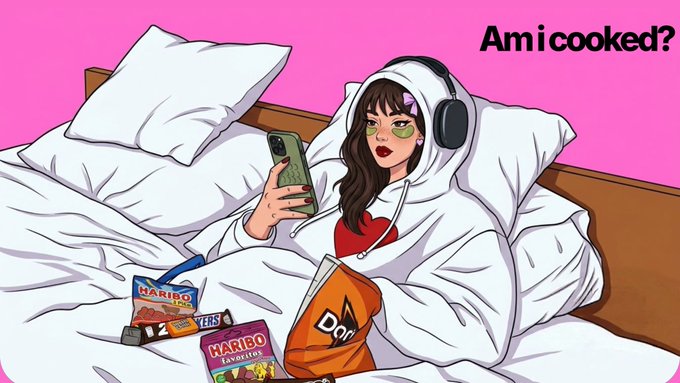 An anime-style illustration of a girl in a white hoodie lying in bed with snacks like Doritos, Haribo, and KitKat, with the text 'Amicooked?'