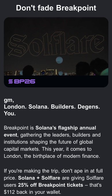 A promotional graphic for Breakpoint and Solflare with the text 'Don't fade Breakpoint' and 'Solflare' spelled out in drones, offering Solflare users 25% off Breakpoint tickets ($112 off).