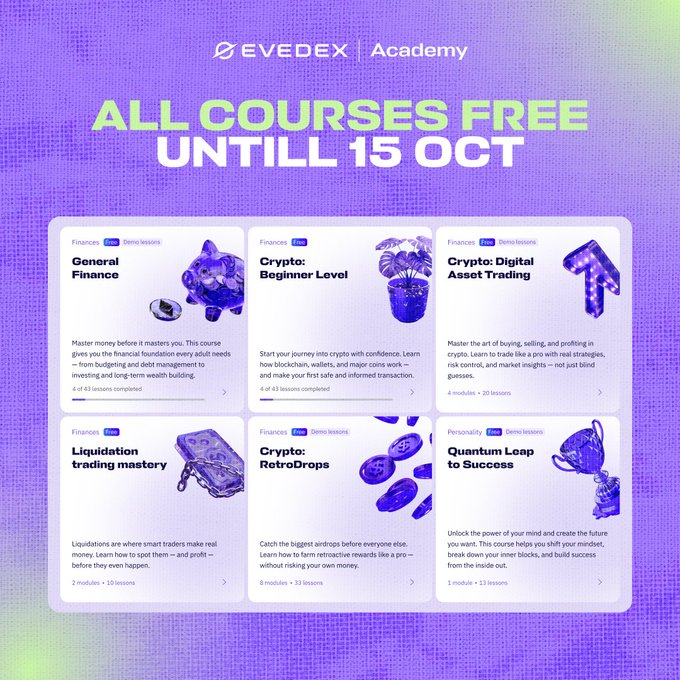 An EVEDEX Academy advertisement showing 'ALL COURSES FREE UNTILL 15 OCT' with course listings including General Finance, Crypto: Beginner Level, Crypto: Digital Asset Trading, Liquidation trading mastery, Crypto: RetroDrops, and Quantum Leap to Success.