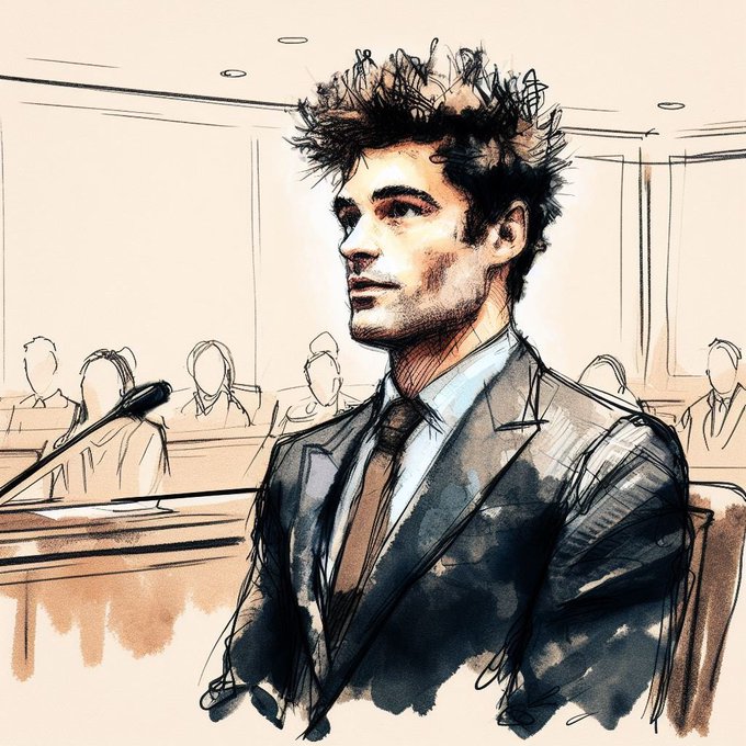 A sketched courtroom illustration of a man in a suit and tie with messy dark hair, seated at a table with a microphone, with blurred figures in the background.