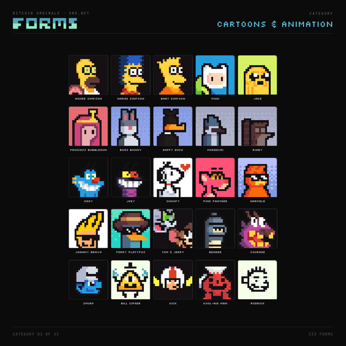 A Bitcoin Ordinals pixel art collection titled 'FORMS' under the 'CARTOONS & ANIMATION' category (Category 03 of 333), featuring grid thumbnails of characters including Homer Simpson, Bart, Finn, Jake, Bugs Bunny, Daffy Duck, Snoopy, Garfield, Johnny Bravo, Courage, Shrek, Bill Cipher, Kick, Kool-Aid Man, and Rodrick.