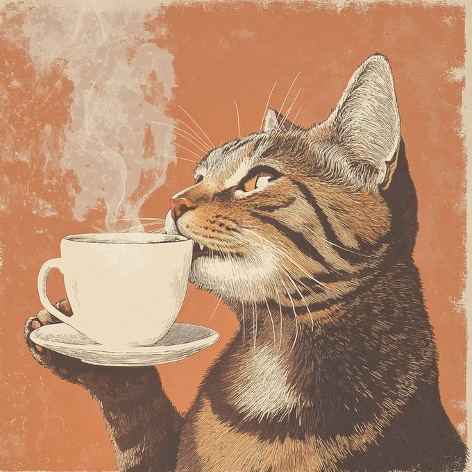 A vintage-style illustration of a tabby cat delicately sipping from a steaming white teacup, holding the saucer with one paw against a warm orange background.