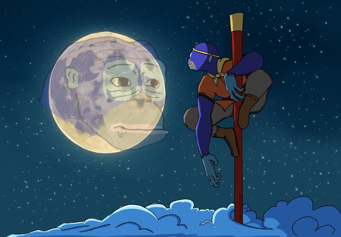 An animated illustration depicting a masked superhero-like character holding a staff and crouching on clouds against a starry night sky, with a large, anthropomorphized moon face visible in the background.