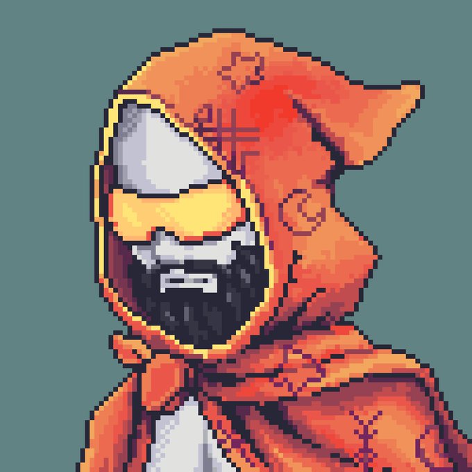 A pixel art illustration of a hooded figure with a black beard wearing a bright orange hooded cloak, set against a teal background, visually representing the "Ashborn" theme and "Ashland" community referenced in the recruitment post.