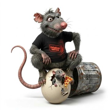 A 3D-rendered cartoon rat wearing a black t-shirt, emerging from a trash can and holding an egg with a smaller rat emerging from it.