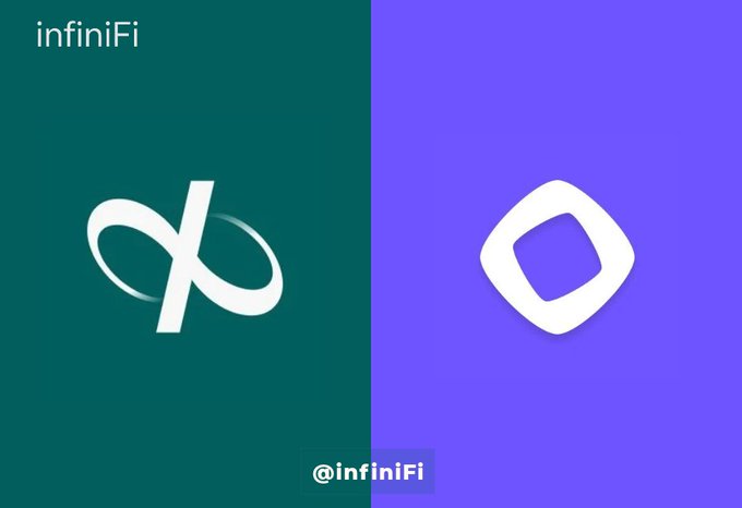 A minimalist digital graphic with 'infiniFi' branding, featuring abstract logo designs in white on teal and purple backgrounds with '@infiniFi' text.