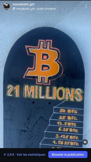 An Instagram story by missatoshi_girl showing a Bitcoin-themed gravestone reading '21 MILLIONS' with halving epochs (50 BTC, 25 BTC, etc.) listed below.