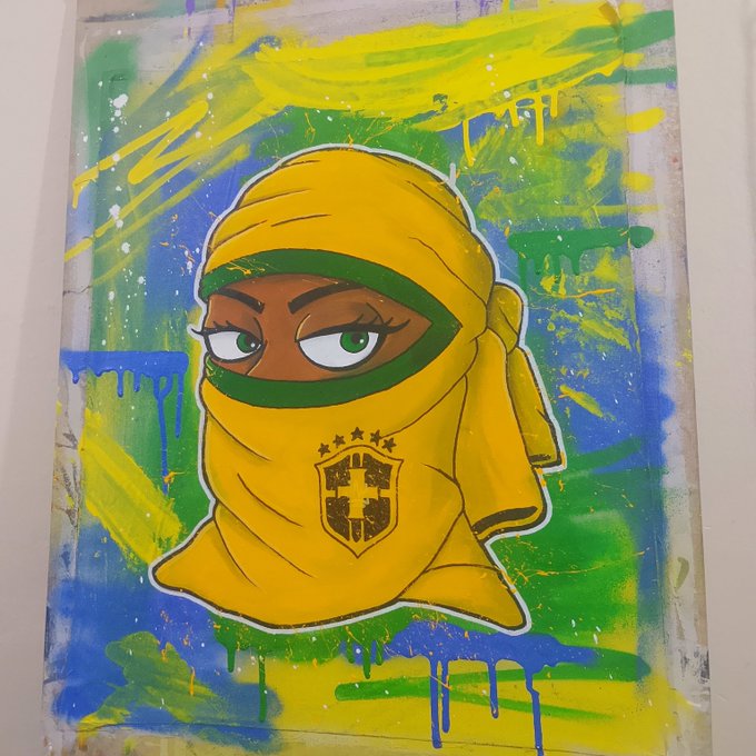 A vibrant mixed-media painting depicting a cartoonish ninja character wrapped in a yellow cloth with a Brazilian-style crest, set against a dripping background of green, blue, and yellow paint.