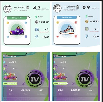 Screenshots from a mobile game showing two level completions with 4.2 and 0.9 GMT/min earning rates, featuring 'STEPHENARENA IV' achievement stamps overlaid on gameplay footage.