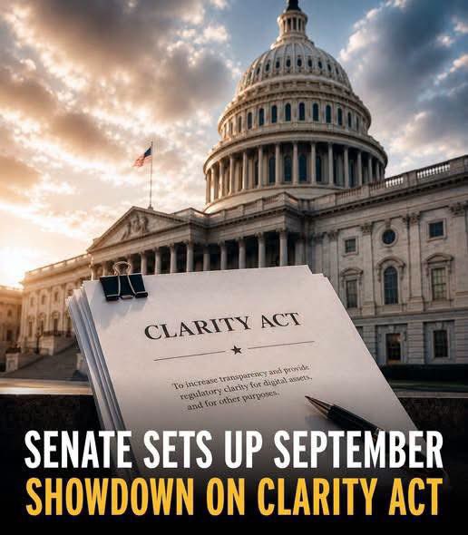 The image features the U.S. Capitol building with the CLARITY Act document in the foreground, alongside a headline reading "SENATE SETS UP SEPTEMBER SHOWDOWN ON CLARITY ACT." The visual ties directly to the post, illustrating the legislative focus on the digital asset regulatory bill with the caption below mentioning "CLARITY ACT" and the September 15 timeline.