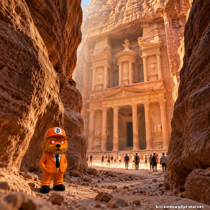 A digital artwork showing a Bitcoin-themed bear mascot wearing an orange cap and hoodie with red glowing eyes, standing in front of the ancient Treasury at Petra, Jordan, signed bitcoindawg@primal.net.