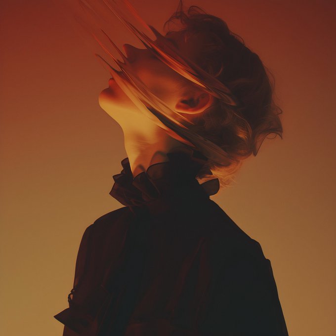 An artistic portrait shows a person with their head tilted back, featuring a stylized blur or motion effect across the face, set against a warm orange-to-red gradient background.