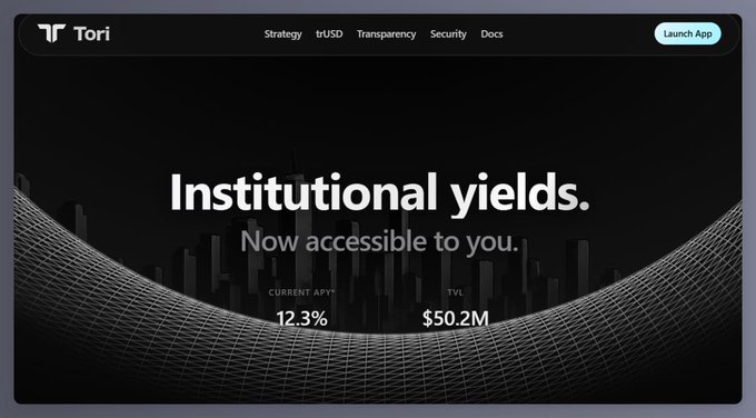 The image shows the Tori Finance website homepage, featuring the headline "Institutional yields. Now accessible to you." with a current APY of 12.3% and TVL of $50.2M displayed against a dark background with a stylized wave pattern. The page's prominent messaging about making institutional yields accessible visually reinforces the post's claim that Tori Finance democratizes gated institutional yield opportunities through its trUSD and strUSD products.