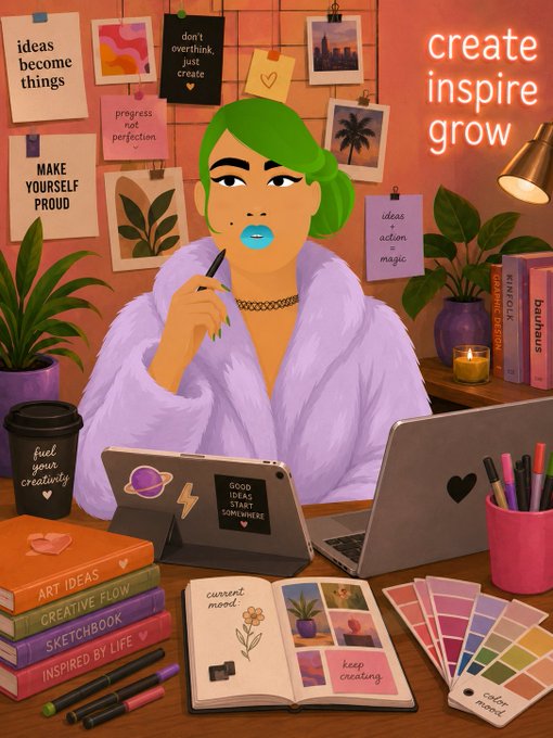 Colorful illustration of a green-haired woman at a creative workspace with laptop, sketchbook, color swatches, and inspirational sticky notes reading 'ideas become things', 'MAKE YOURSELF PROUD', 'progress not perfection', and 'create inspire grow'.