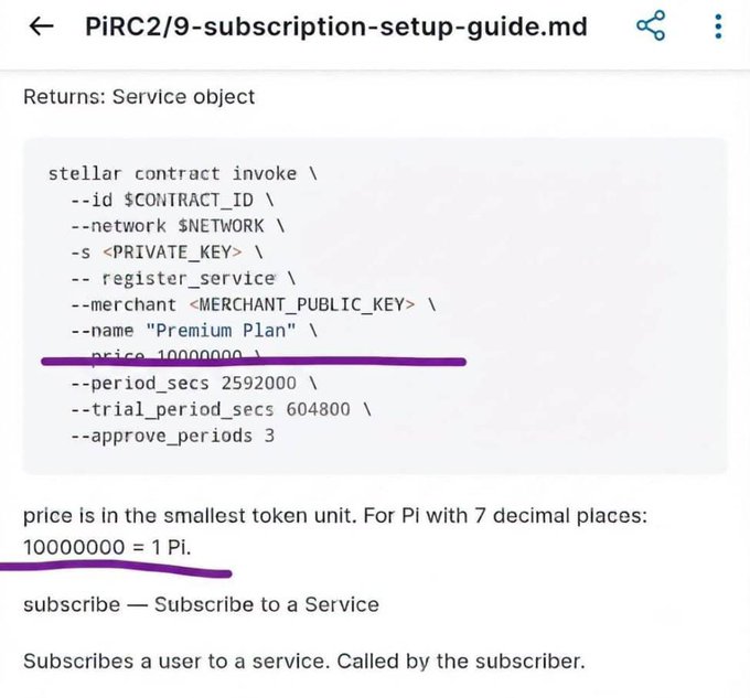 A screenshot of a PiRC2/9-subscription-setup-guide.md document showing a "stellar contract invoke" command with parameters including a highlighted "--price 10000000" (1 Pi) for a "Premium Plan" subscription, illustrating how Pi cryptocurrency is used as a unit of value within the Pi Network ecosystem.