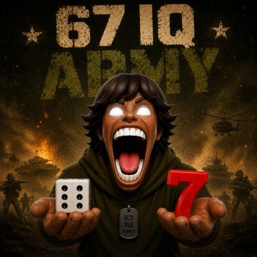 The image shows a stylized, screaming cartoon character with glowing eyes holding a die and a red "7," set against a war-torn background with tanks, helicopters, and the bold text "67 IQ ARMY" — visually promoting the "67 IQ" meme/feature tied to the @sixsevenapp Telegram Mini App mentioned in the post.