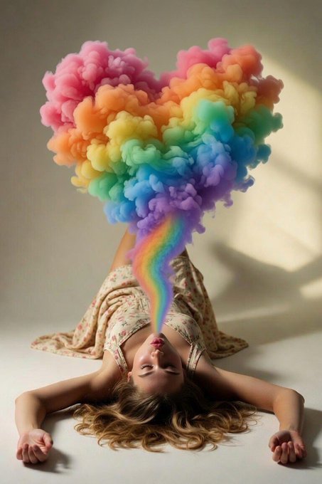 A surreal artistic photograph shows a woman lying on her back with a rainbow-colored cloud bursting from her mouth, shaped like a heart at the top.