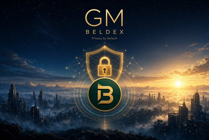 A promotional graphic for 'GM BELDEX' featuring the tagline 'Privacy by default', displaying a golden shield with a padlock and the Beldex 'B' logo over a futuristic cityscape at sunset with a starry sky and network connection graphics.