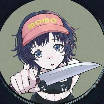 An anime-style illustration of a girl wearing a pink visor with 'momo' written on it, holding a large knife.
