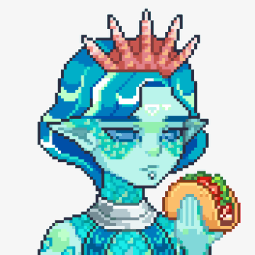 Pixel art depicting a blue-skinned character with a red crown and a chain necklace, holding a taco or burrito.