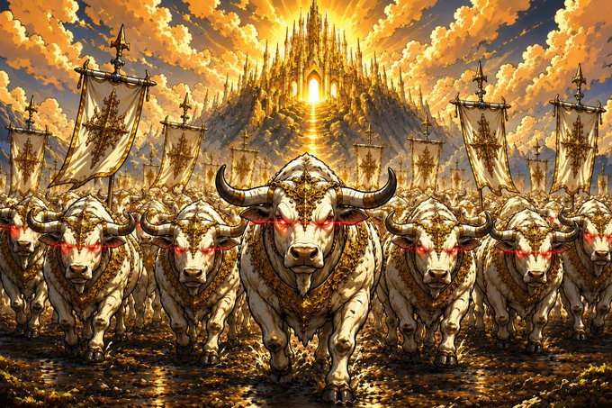A fantasy-style digital artwork featuring an army of armored, glowing-eyed bulls charging forward, with banners and a castle on a mountain in the background under a cloudy sky.