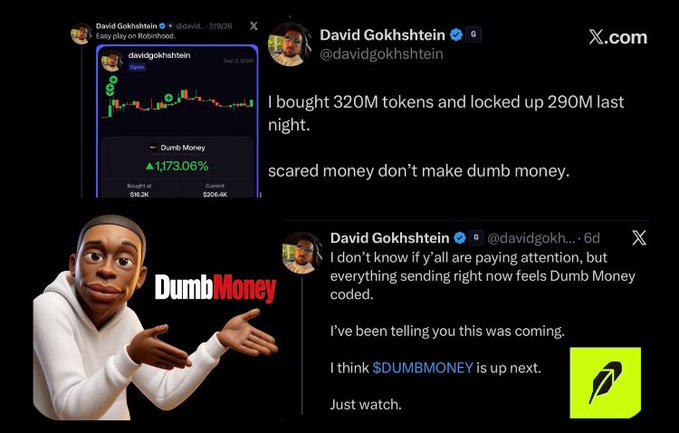 Screenshots of tweets from David Gokhshtein (@davidgokhshtein) discussing the token '$DUMBMONEY' alongside an image of a man shrugging next to the 'Dumb Money' logo.
