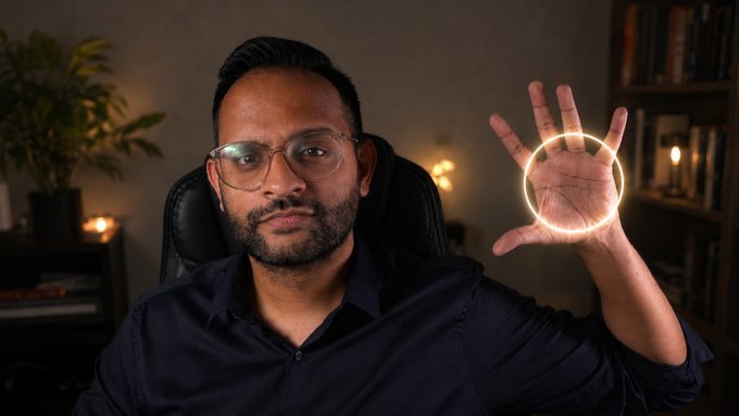 The image features a man wearing glasses sitting at a desk with his hand raised up, holding a circle of light that appears to be glowing. He seems to be posing for a photo or participating in an online event related to the ArtsDAO Circle project. The background includes a bookshelf filled with various books and a potted plant, suggesting a cozy and intellectual atmosphere.