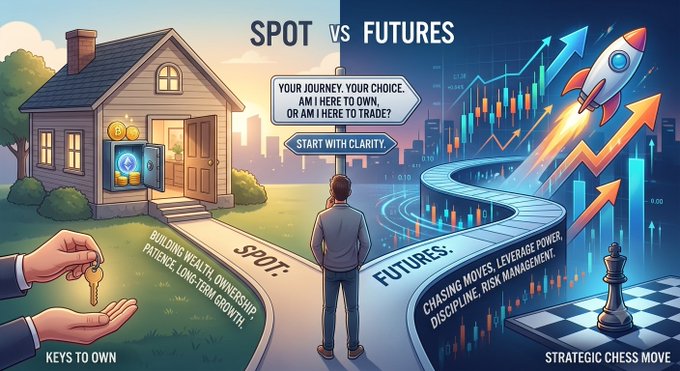 An illustrated infographic titled 'SPOT vs FUTURES' depicting a person at a crossroads between a house representing 'SPOT' (wealth ownership, long-term growth, keys) and a rocket/chessboard path representing 'FUTURES' (leverage, discipline, risk management).