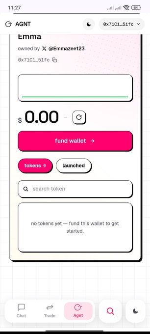 A mobile wallet interface labeled 'AGNT' shows a profile for 'emma' with 0.00 balance, a 'fund wallet' button, and a message stating 'no tokens yet — fund this wallet to get started.'