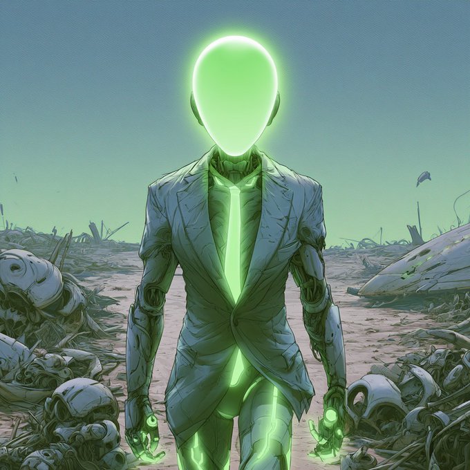 The accompanying news post context is not visible in the image. The image is an illustration of a figure in an olive-green suit with a glowing green aura emanating from its headless body and hands, standing in a barren, futuristic wasteland filled with mechanical debris.